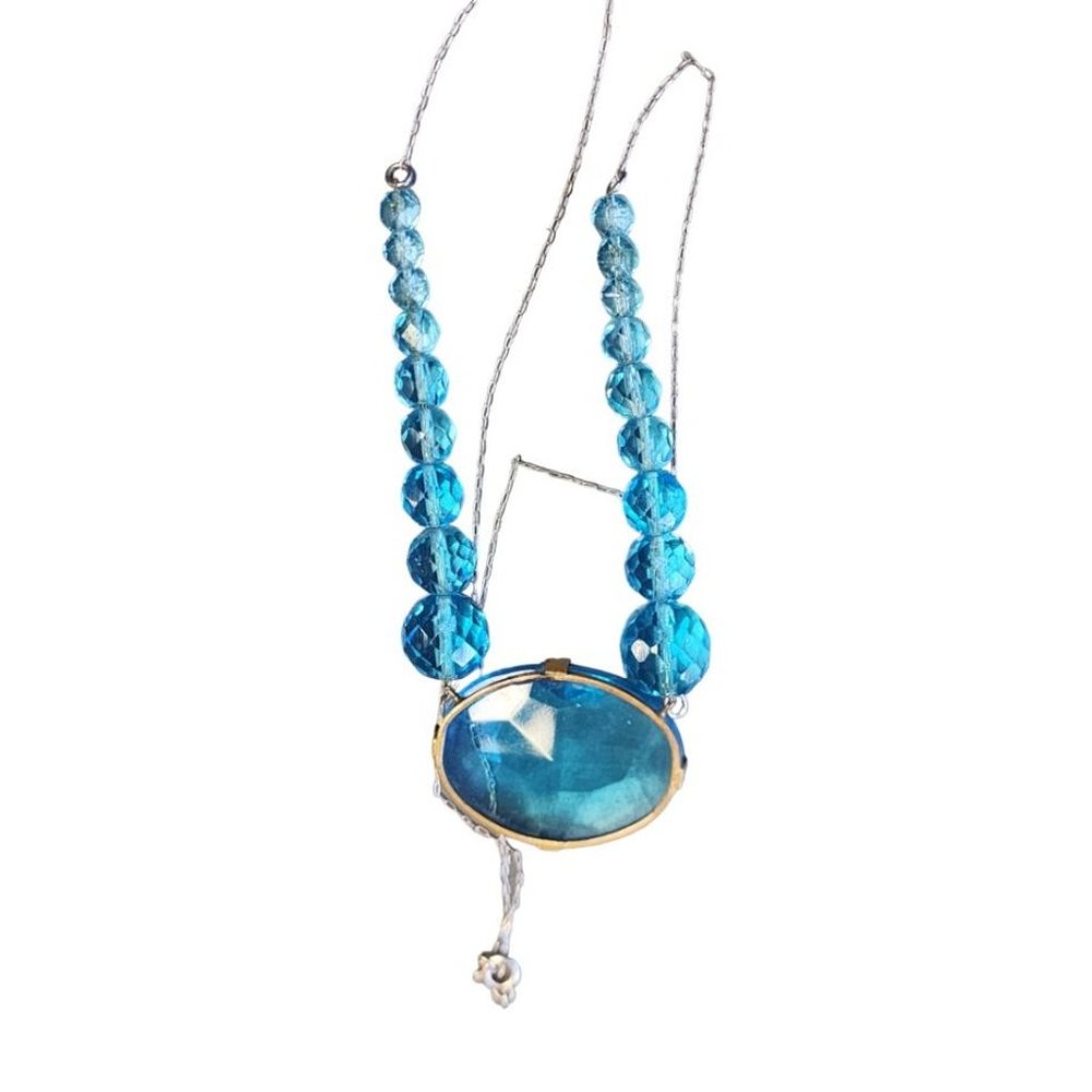 Antique Art Deco Heavily Faceted Aqua Glass & Crystal Necklace (A949)